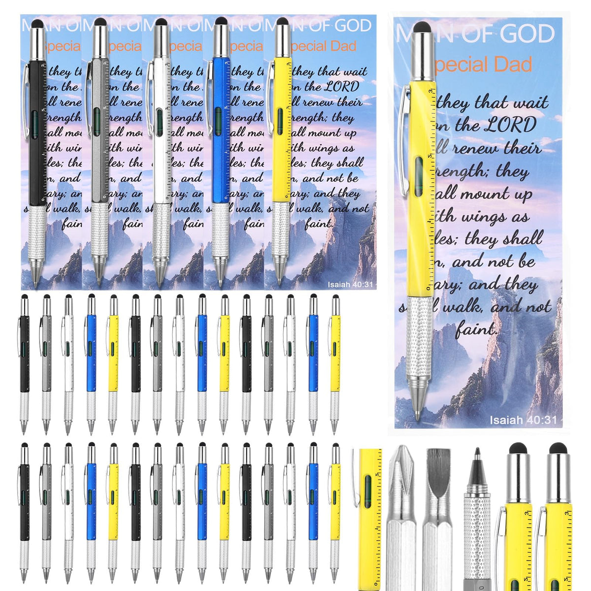 25Set 6 in 1 Multi Tool Pen, Christian Gifts for Men with Bible Verse Bookmarks, Christmas Father's Day Man of God Gifts, Church Pastor Bulk Gift, Screwdriver Pen Multi Tool Gadget for Husband