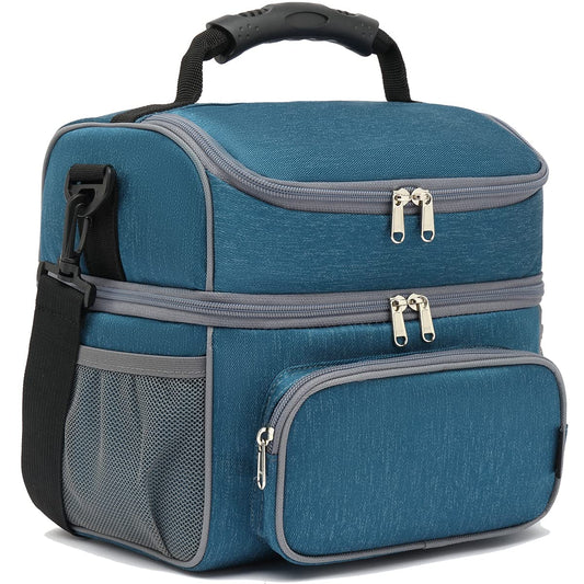 FlowFly Double Layer Cooler Insulated Lunch Bag Adult Lunch Box Large Tote Bag for Men, Women, With Adjustable Strap,Front Pocket and Dual Large Mesh Side Pockets,Lake Blue