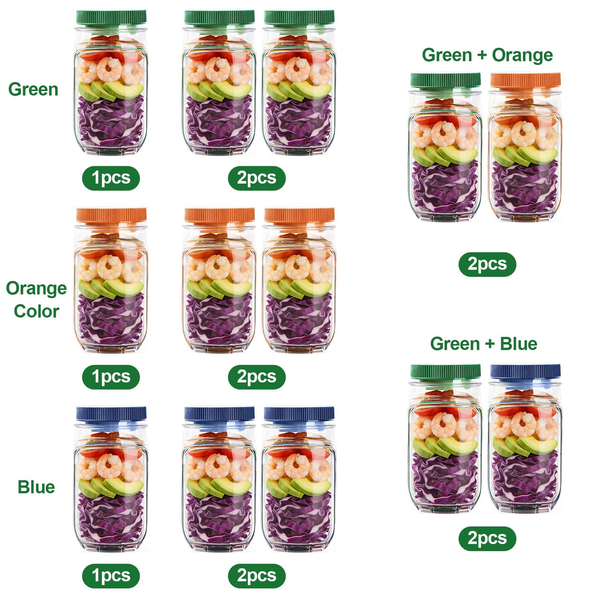 Celsisignis Salad Pod, 1000ml Side-Opening Salad Container (Salad Container for Lunch), Lunch Salad Box for Office, Gym, Camping, Outdoor Activities, Gatherings, Various Locations (2, Green & Blue)