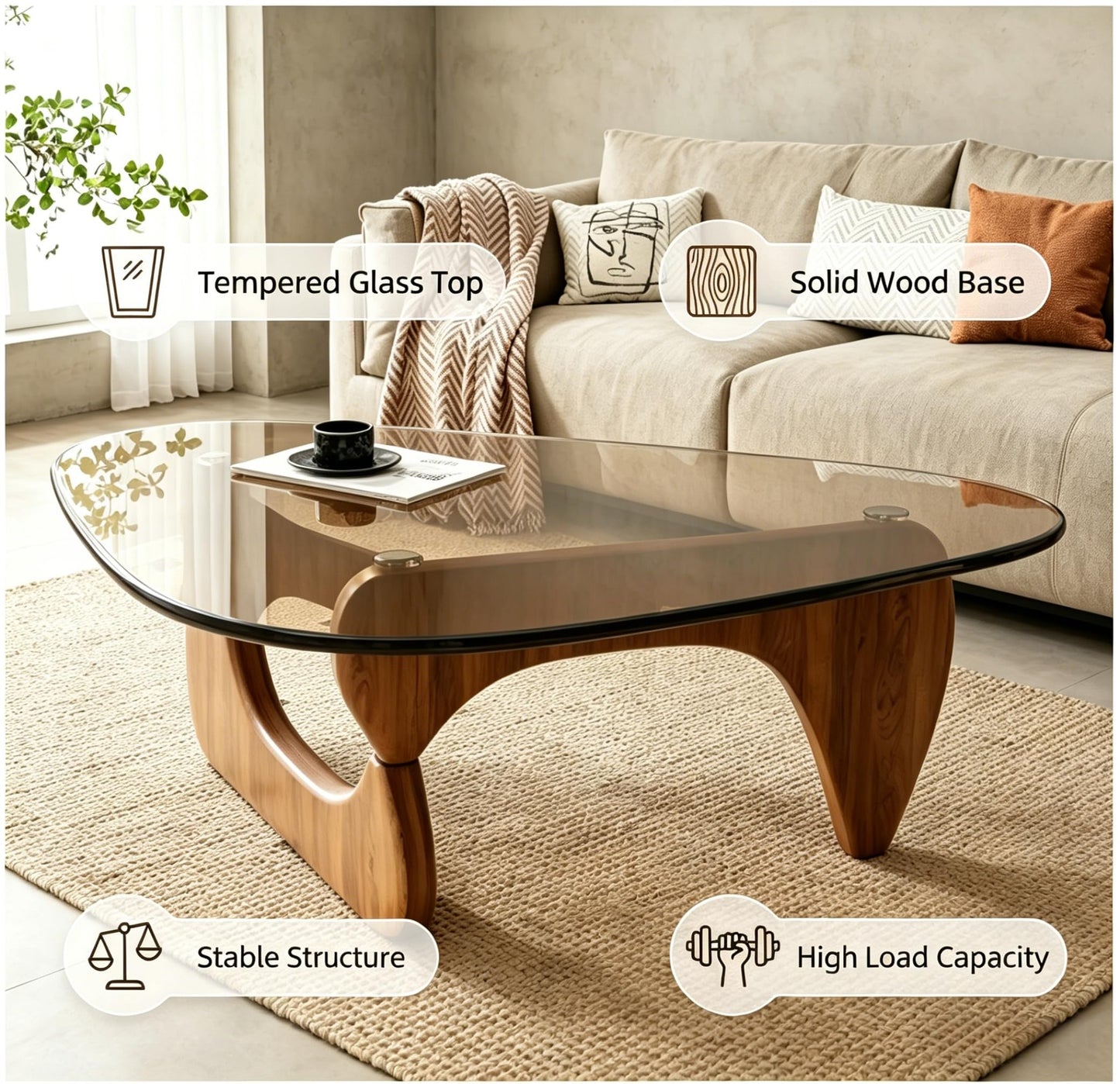 Modern Glass Coffee Table for Living Room, Small mid Century Coffee Table, Stylish Coffee Tables Suitable for Bedroom Living Room Reception Office Tables (Walnut, Small)