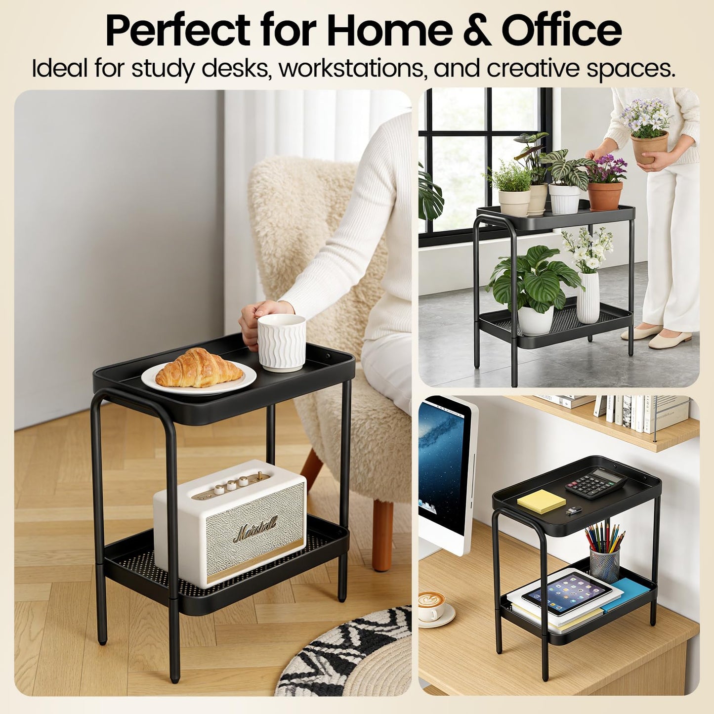 NobleForm 2 in 1 Desktop & Floor End Table with Storage Shelves, Compact 2-Tier Side Table for Office Desk Organization, Bedside Nightstand, Small Space Nightstand for Living Room, Bedroom, Office