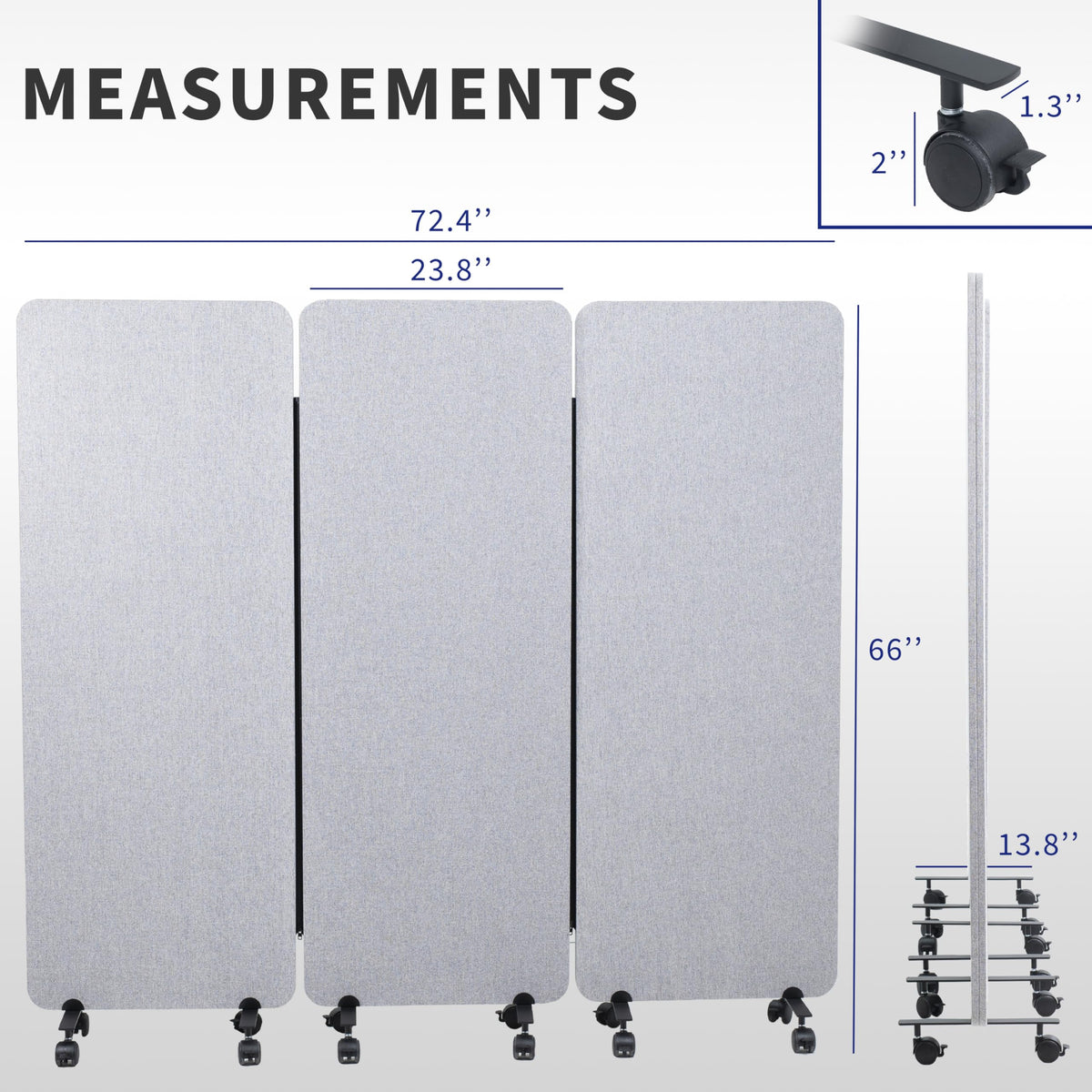 VIVO Freestanding 72 x 66 inch Privacy Panel, Mobile Cubicle Divider, x3 24 inch Wall Partitions, Gray, PP-3-T072G-M