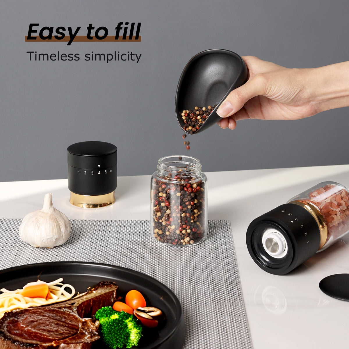 Gold Salt and Pepper Grinder Set with External Adjustable Coarseness Stainless Steel Sea Salt & Pepper Mill Set Ceramic Core Spice Grinder Refillable Glass Black and Gold Shaker Kitchen Accessories