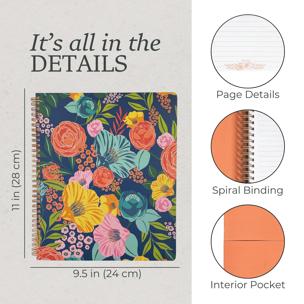 Steel Mill & Co Cute Large Spiral Notebook College Ruled, 11" x 9.5" with Durable Hardcover and 160 Lined Pages, Garden Blooms (Navy)