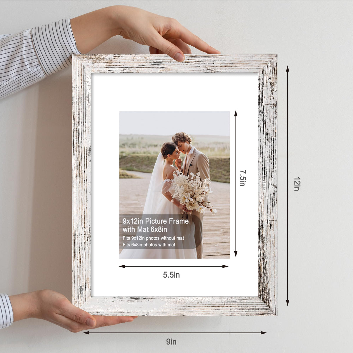 Hongkee 9x12 Picture Frame Set of 4, Made of Glass and Distressed White Wooden Frame - Display Picture 6x8 with Mat or 9 x 12 Without Mat, 9 by 12 Photo for Wall or Tabletop