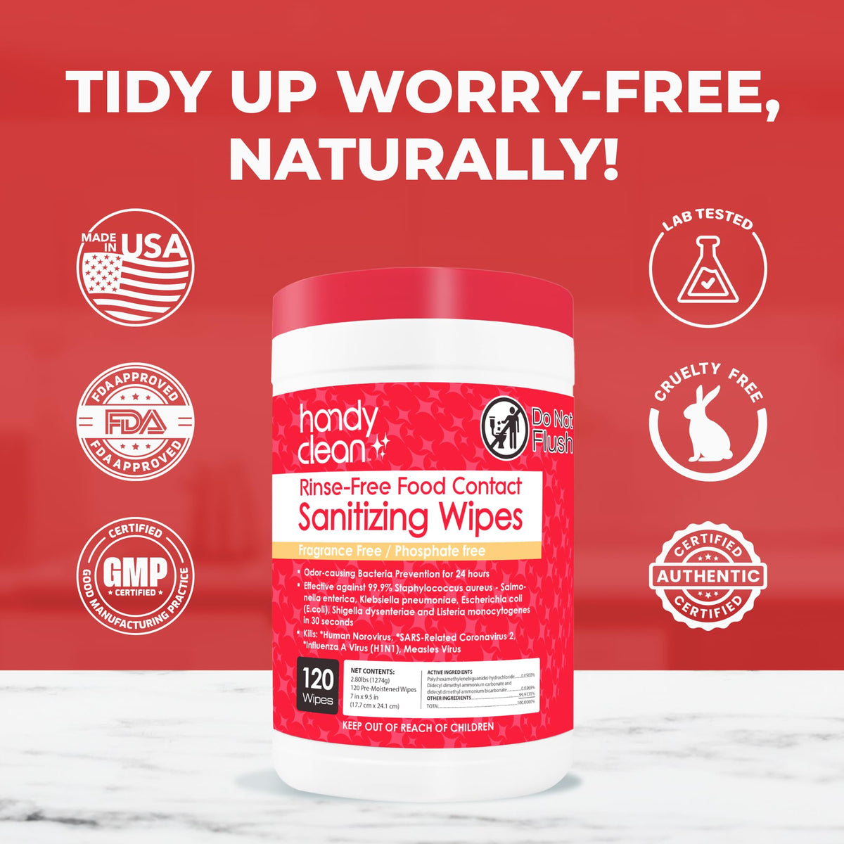 HandyClean Rinse-Free Food Contact Sanitizing Wipes Canister, Multi Surface Cleaning Supplies for Kitchen and Professional Setting One Canister (120 Wipes)