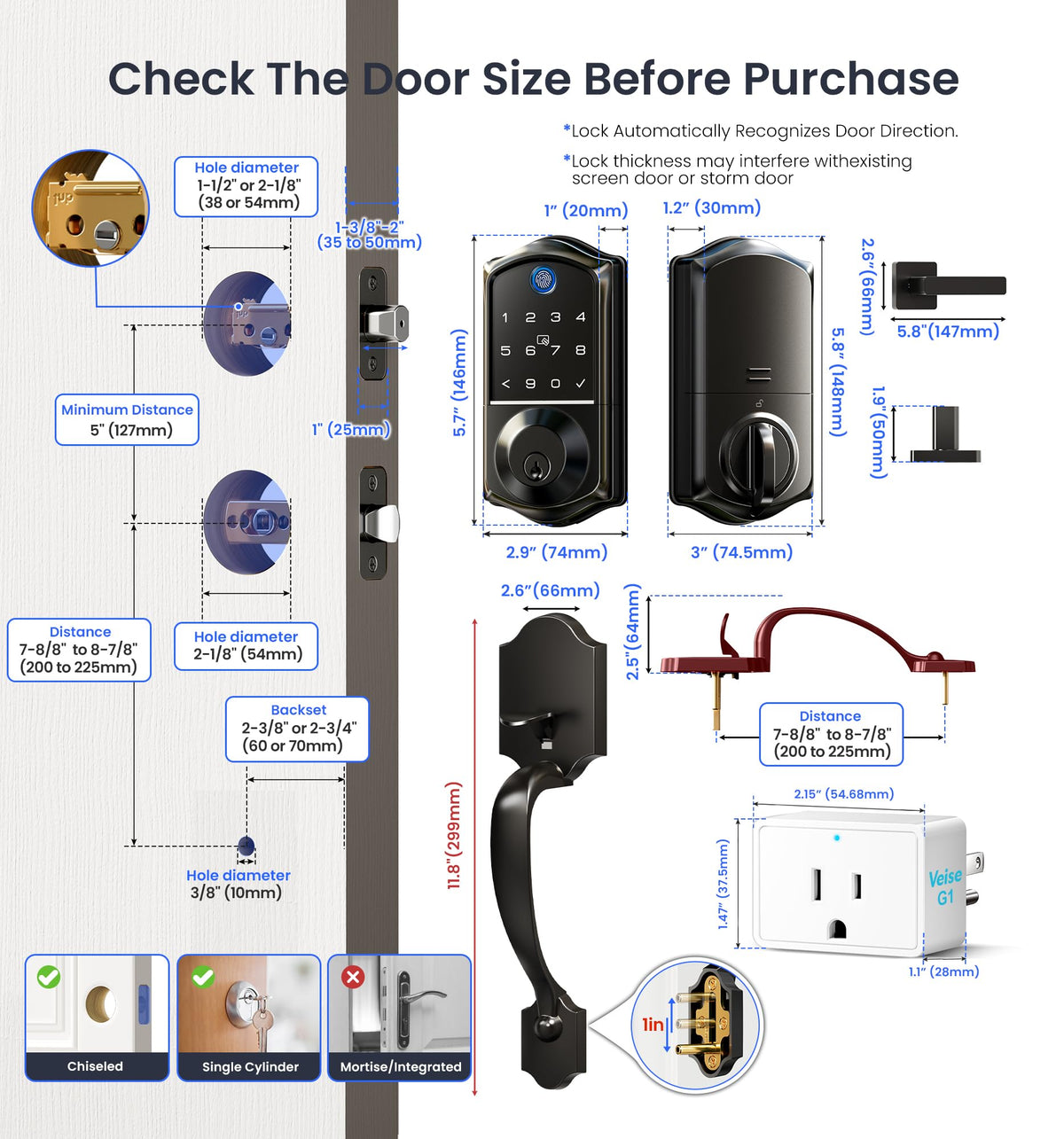 Veise VE017G-H Wi-Fi Smart Fingerprint Front Door Lock Set, Remote App Control, Keyless Entry Deadbolt with Handle, Backlit Keypad, IP55 Weatherproof, Auto Lock, Easy to Install, Matte Black