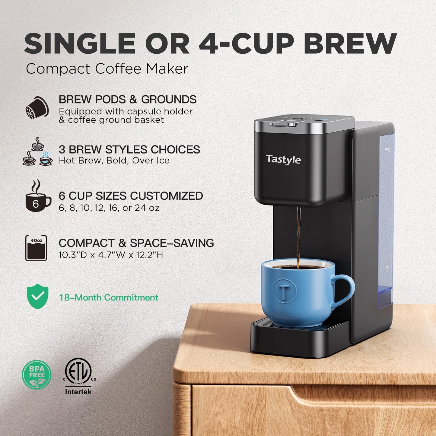 Tastyle Single Serve Coffee Maker, Iced and Hot Coffee Machine for K Cup & Grounds, Compact Design, 40oz Removable Water Reservoir, 6 to 24 Oz Brew Sizes, Fits 7.3" Travel Mug, Black