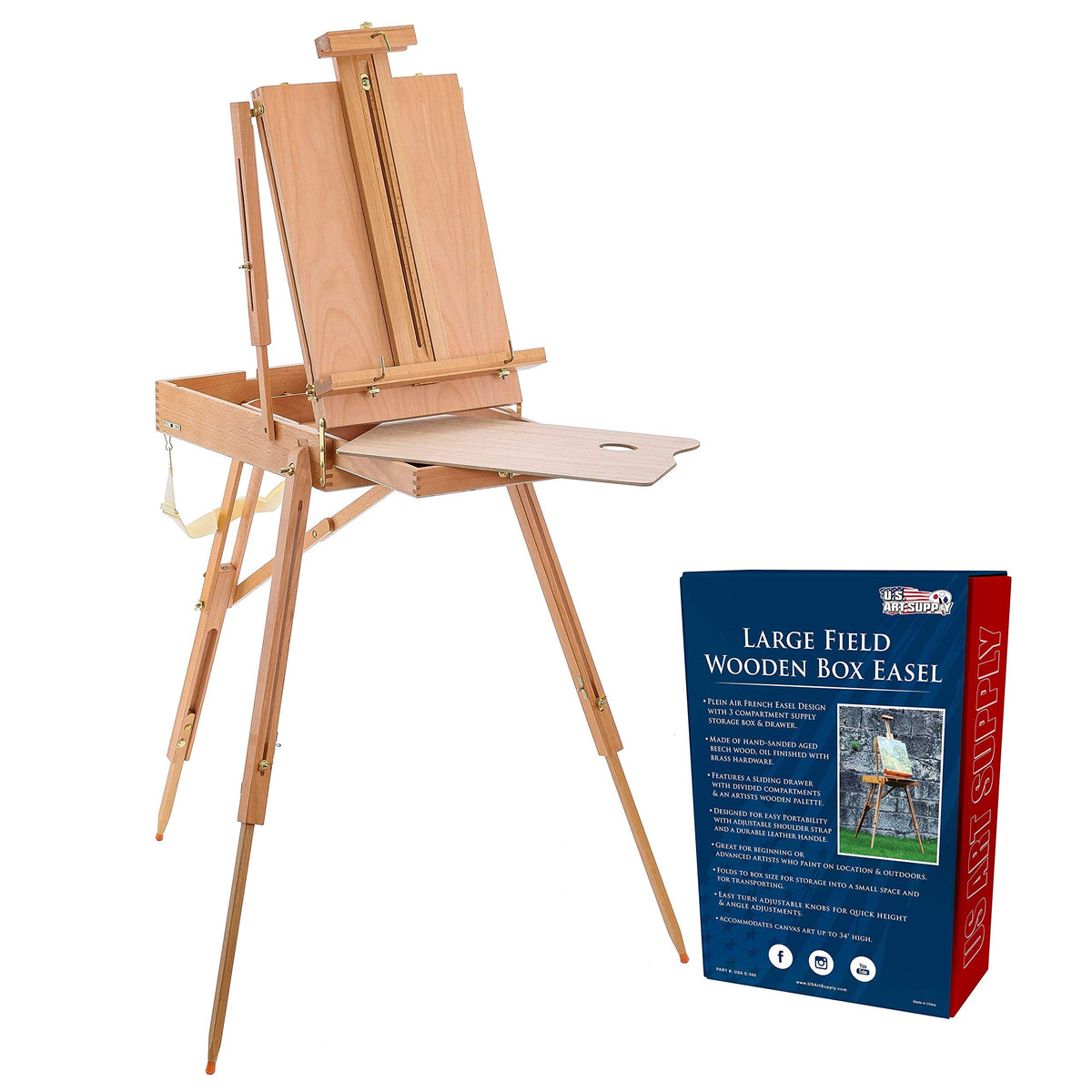 U.S. Art Supply Large Beechwood French Easel, Adjustable Plein Air Easels Sketchbox Tripod for Field & Studio Painting Easel for Adults, Drawing, Display - Portable with Artist Drawer & Palette