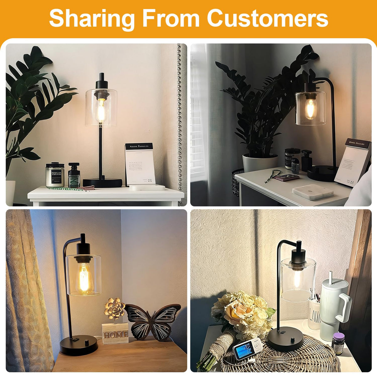 Set of 2 Industrial Table Lamps with USB C+A Ports and Outlet, Fully Stepless Dimmable Bedside Lamps for Bedrooms, Nightstand Desk Lamp with Glass Shade for Reading Living Room Office (Bulbs Included)