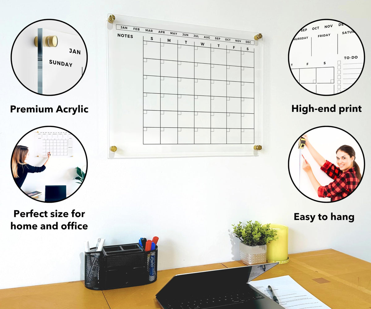 Large Acrylic Calendar with Gold Hardware - Dry Erase Monthly Acrylic Planner - Calendar 2026 Family Dry Erase Wall Calendar (18x14 (Small))