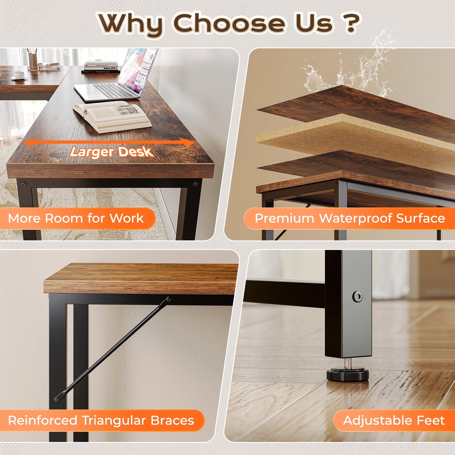Huuger 55 Inch L Shaped Desk with Power Outlets and USB-C Port, 0.95 Inch Thicker Desktop, Reversible Computer Desk, Larger Office Corner Gaming Desk, Metal Frame, for Home Office, Study, Rustic Brown