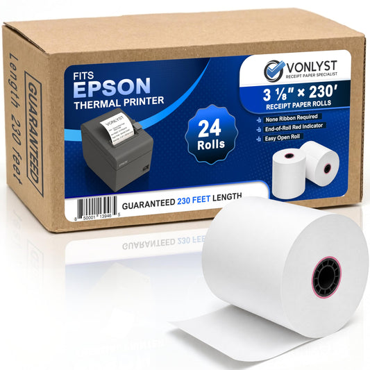 3 1/8 x 230 Thermal POS Rolls for Epson Printers, BPA Free Thermal Printing Compatible with TM-T88 TM-T70 TM-T80 TM-T85 TM-H6000 T90 Series, Credit Card Machine & POS Printer Supplies, Pack of 24