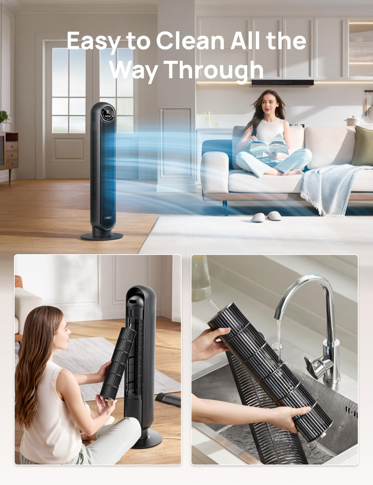 DREO Tower Fan for Bedroom, 2026 Upgraded DC Motor, 28ft/s High Velocity, 20dB Ultra Quiet Standing Fan, 8 Speeds 4 Modes, 90° Oscillating Bladeless Fan for Indoors, Floor Fans with Remote, Black