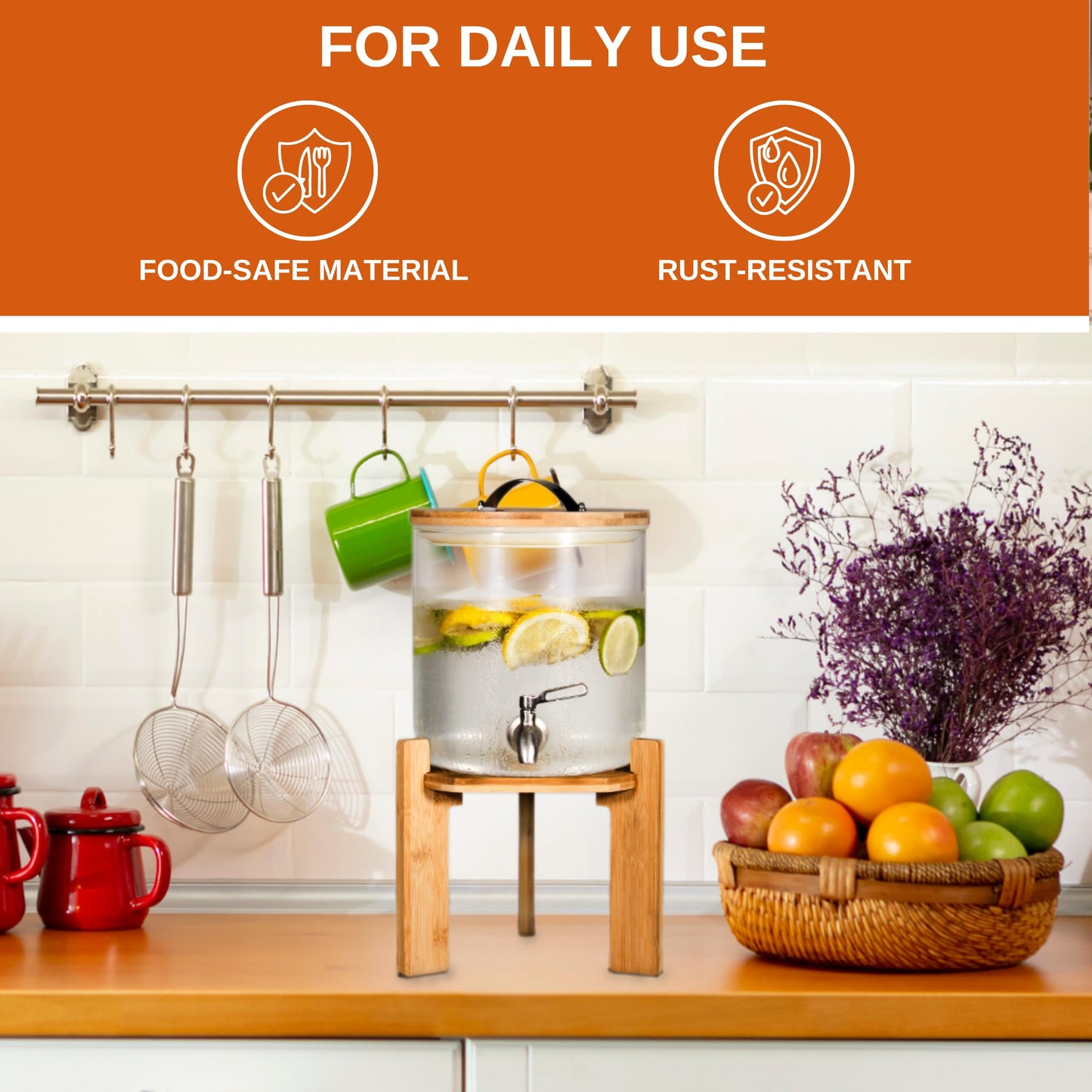 Glass Beverage Dispenser with Bamboo Stand 6.7 In and Lid, Iced 1.5 Gallon Drink Server with Spigot, Large Thick Glass Drink Dispenser for Parties, Hotels, Restaurants, Homes
