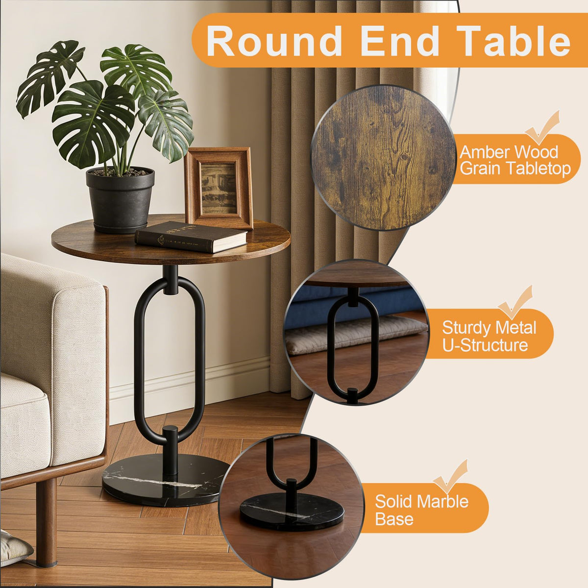 17In(W) x19In(H) Round End Table Heavy Duty Modern Side Table Stable Sofa Side Table Marble Base Accent Coffee Table Nightstand for Living Room Bedroom-Amber