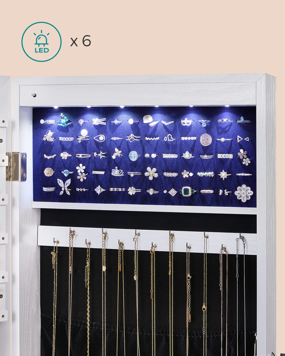 SONGMICS Hanging Jewelry Cabinet, Wall-Mounted Cabinet with LED Interior Lights, Door-Mounted Jewelry Organizer, Full-Length Mirror, Gift Idea, White UJJC99WT