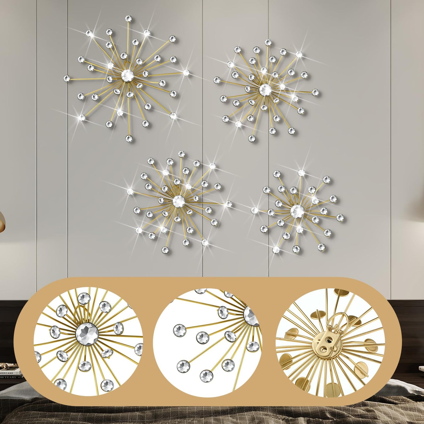 Funnymoom 4 Pcs Gold Starburst Wall Decor Metal Bling Wall Art Gold Crystal Sparkling Rhinestones Bling Decorative Hanging Diamond for Living Room Bedroom Home Office