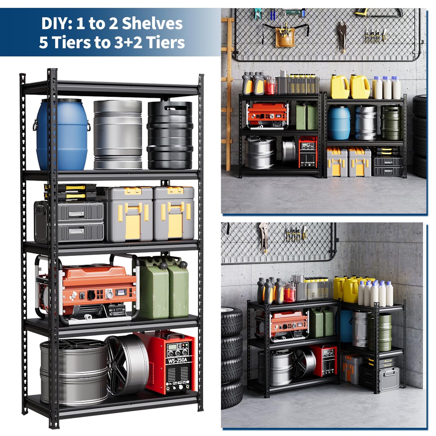 IDEALHOUSE 5-Tier Metal Shelving Unit with 3850 Lbs Capacity – 72" H x 36" W x 16" D Adjustable Steel Storage Rack for Garage, Warehouse, Pantry, Kitchen & Home Organization, Black