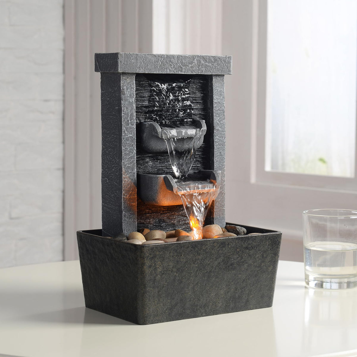 GOSSI Home Décor 10.3 in Indoor Waterfall Fountain Relaxation High Pressure Water Pumps Tabletop Fountain Nature Feeling Water Fountains with Reflective Lighting/River Rocks Home/Office Decoration