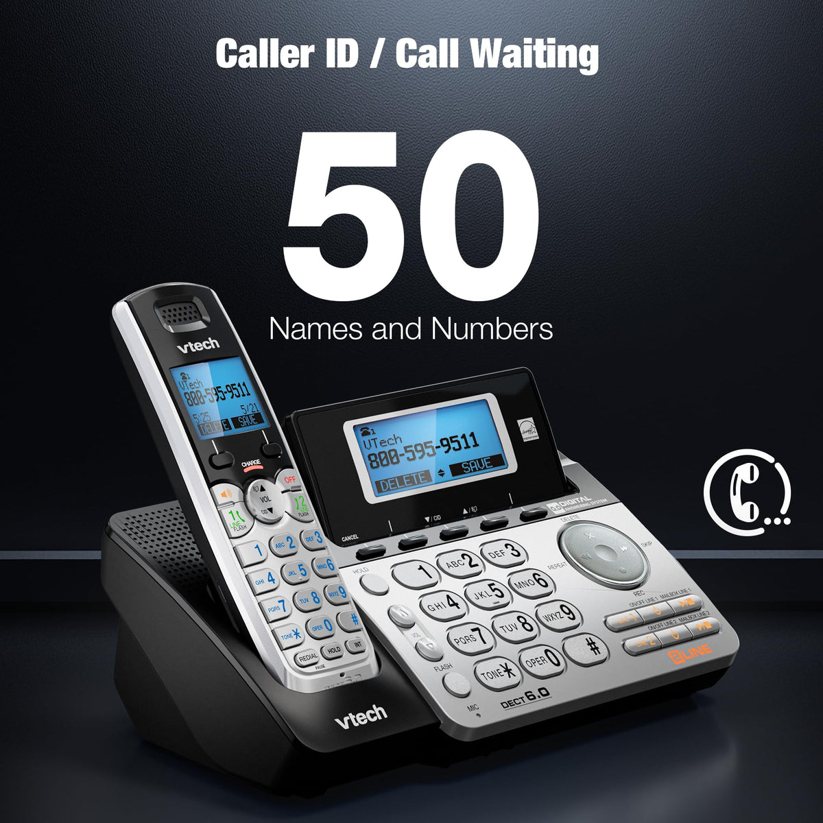 VTech DS6151-2 2-Line Expandable Cordless Phone System with 2 Handsets, Digital Answering System, Caller ID, DECT 6.0 - Home & Small Business (Black/Silver)