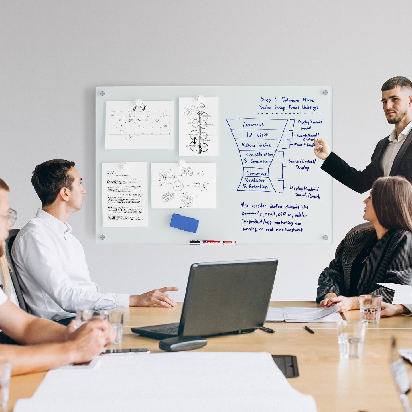 Magnetic Glass Whiteboard for Wall, 36" x 24" Large Dry Erase Board, Frameless Wall-Mounted White Board School, Classroom, Office & Home