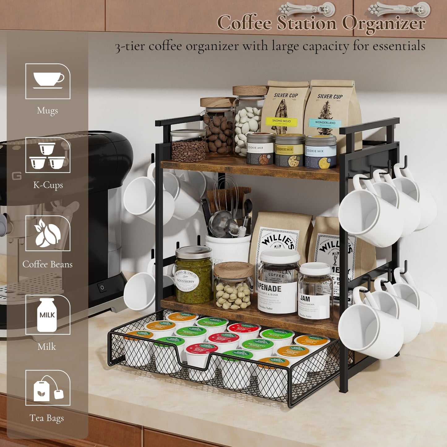 BCOZLUX Coffee Bar Organizer, 3 Tier Coffee Station Organizer for Countertop, Mug Cup Holder Stand with 12 Hooks, with K Cup Storage Drawer, Tea Organizers Accessories for Home Office