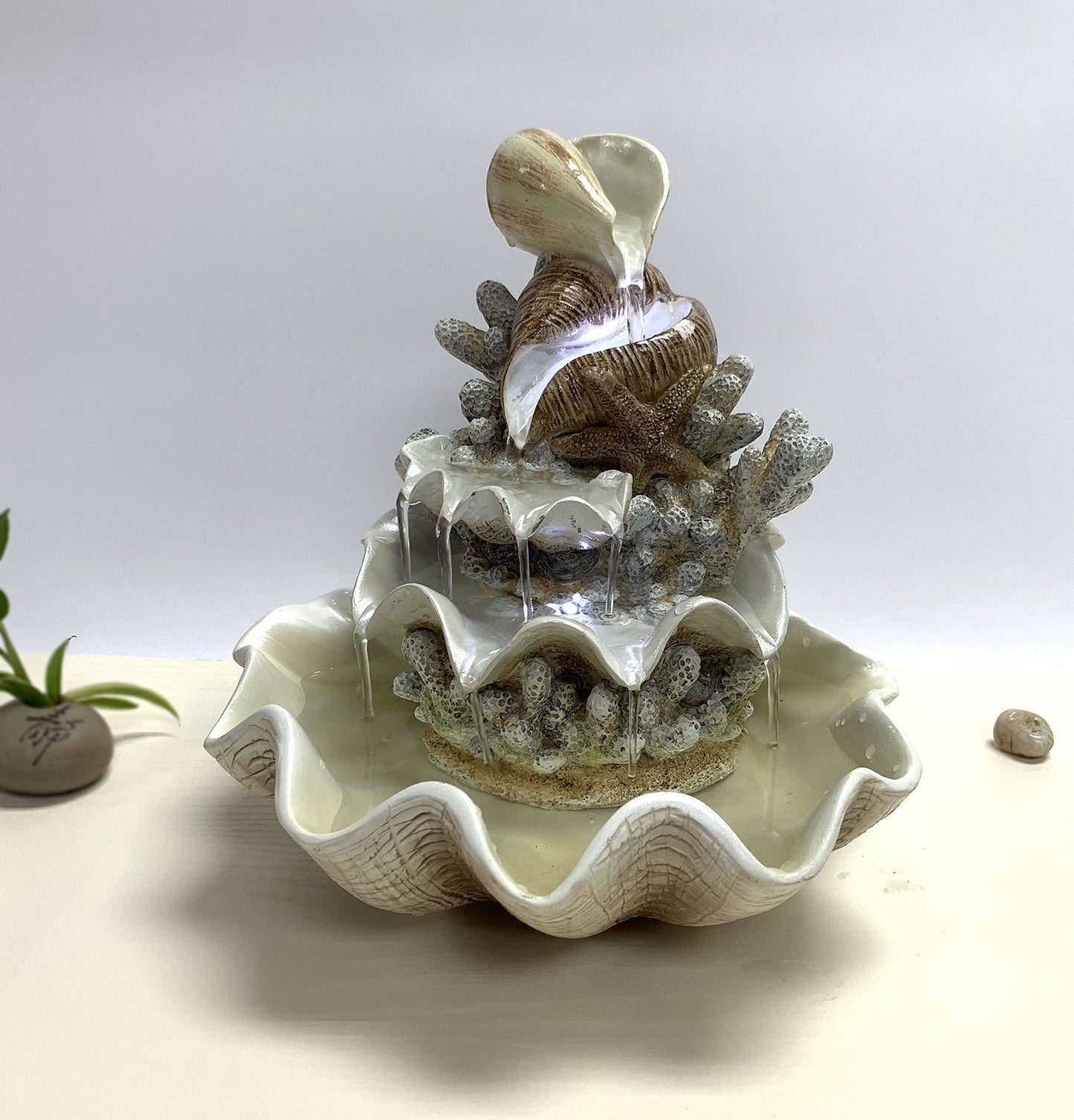 10.5" H Coral Reef Shell Fountain Indoor Fountain with LED Lights and Adjustable Motor Pump (Power Cord Attached) (Resin)