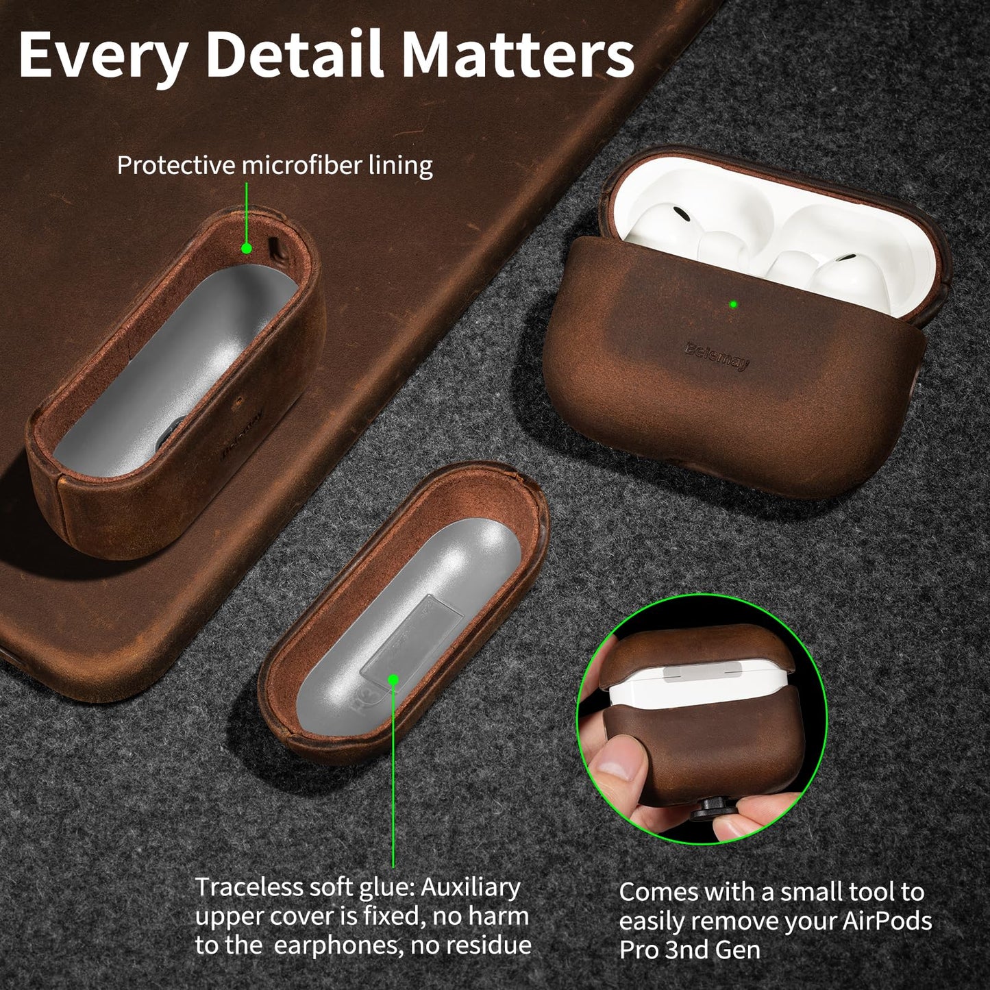 Belemay Handcrafted Crazy Horse Leather Case for AirPods Pro 3rd Gen (2025), Vintage Aesthetic, Two-Tone Effect, Unique Patina, Compatible with MagSafe, Compatible with Airpods Pro 3, Rustic Brown