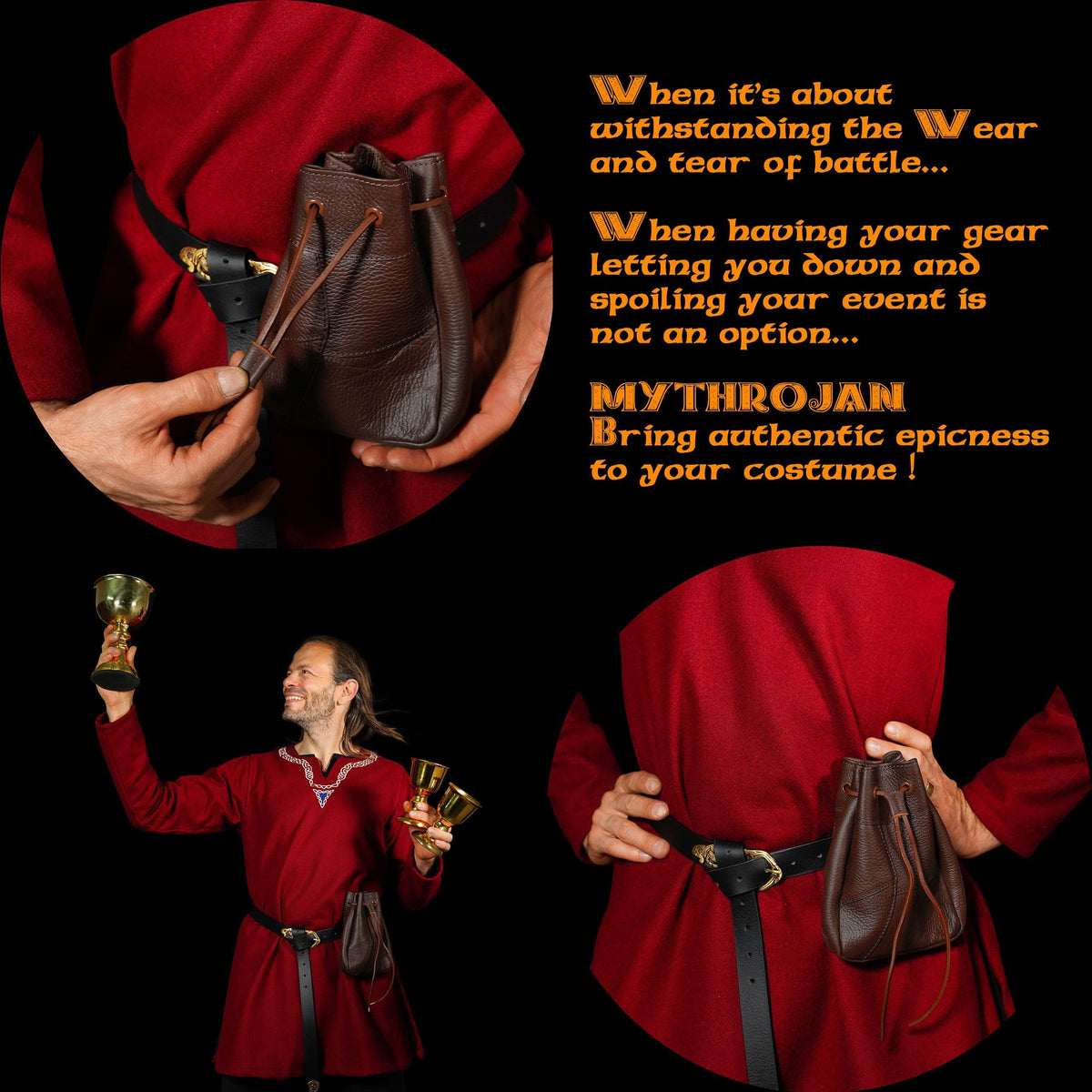 Mythrojan Leather Belt Bag Medieval Pouch Renaissance Drawstring Pouch with 100% Genuine Leather Belt Purse for Reenactments, SCA, LARP, Cosplay Costume Accessory - Brown, 7" x 5"