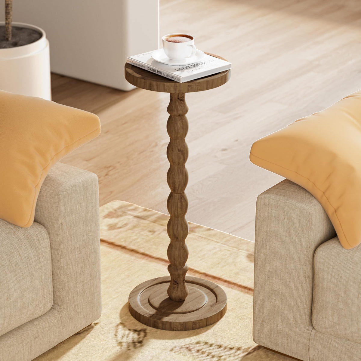 iFaveorr Small Side Table, Rubberwood‌ Drink Table for Small Spaces, Solid Wood Pedestal Coffee Tables, Round End Tables for Living Room, Sofa Couch, Bedroom, Corners, and Office (Brown, 9.4 inch)