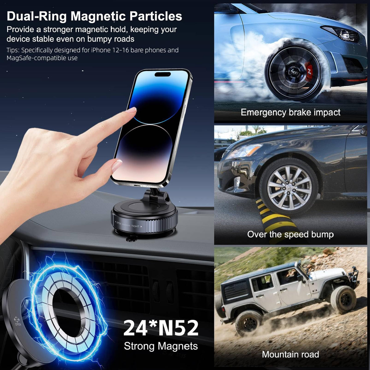 Jikasho Vacuum Magnetic Car Phone Holder for Magsafe, Hands-Free 360° Adjustable Suction Cup Phone Mount for Car/Gym/Mirror/Smooth Surface, Compatible with iPhone & Android (Black)