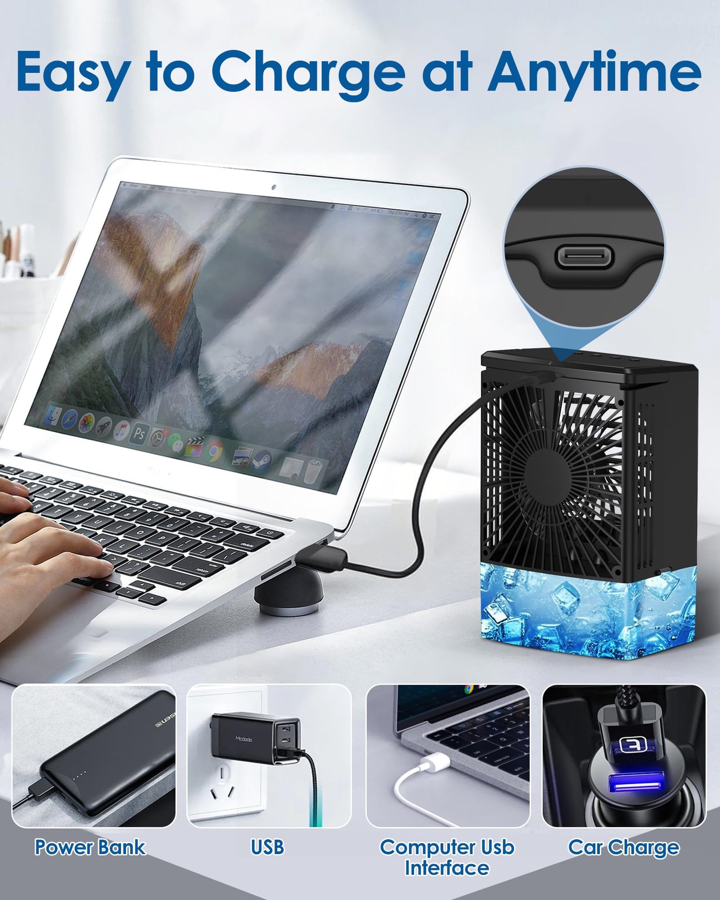 Mini Air Conditioner,Portable Air Conditioners,Evaporative Air Cooler Humidifier, 3 Speed Quiet Personal Cooling Fan, 7-Color LED Night Light, 4/8H Timer for Bedroom, Office, Camping, Room,Home