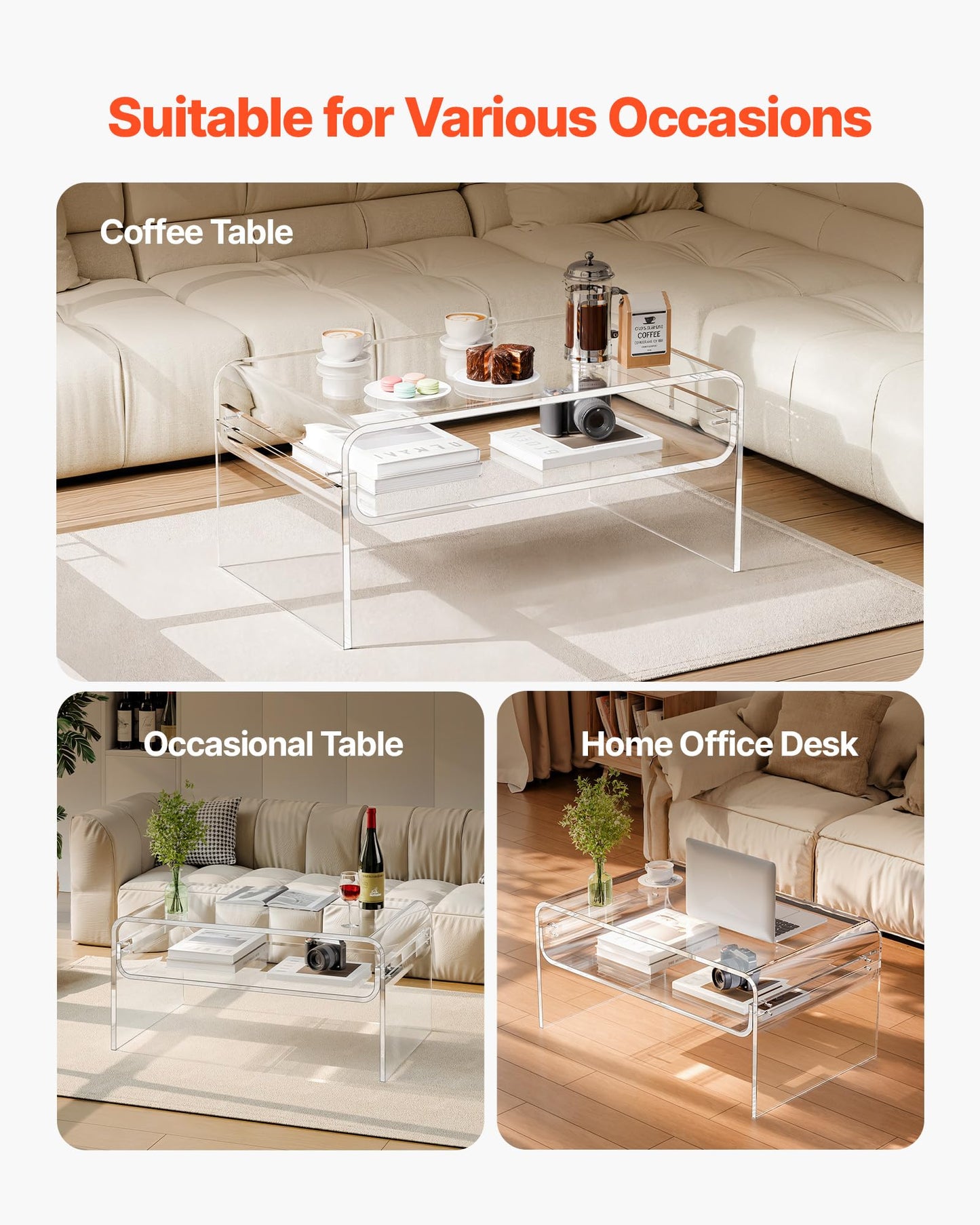 VEVOR Acrylic Coffee Table, Modern Waterfall Center Table with Open Storage Shelf, Clear Rectangle Lucite Desk for Living Room, Office Reception, 31.5" W x 19.7" D x 15" H, Large