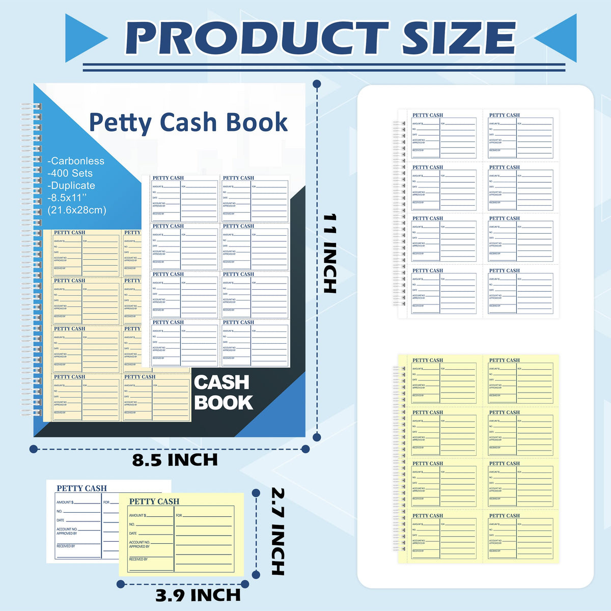 400 Sets Petty Cash Log Book 8.5 x 11 Inch 2 Part Conbonless Copy Petty Cash Receipt Book Cash Receipt Book Deposit Slips Carbonless Duplicate for Office Business Store Accounting (1)