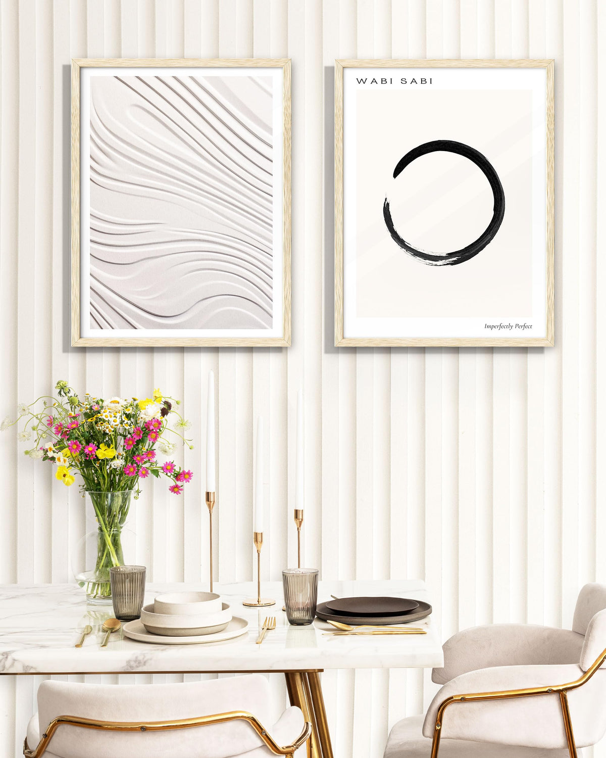 EcoHest Abstract Zen 3D Illusion Wall Art, 12x16in OAK Wood Framed Minimalist Flat Canvas with Soft Lines Design, Modern Japandi Style Decor for Bedroom, Living Room, 1 Pack