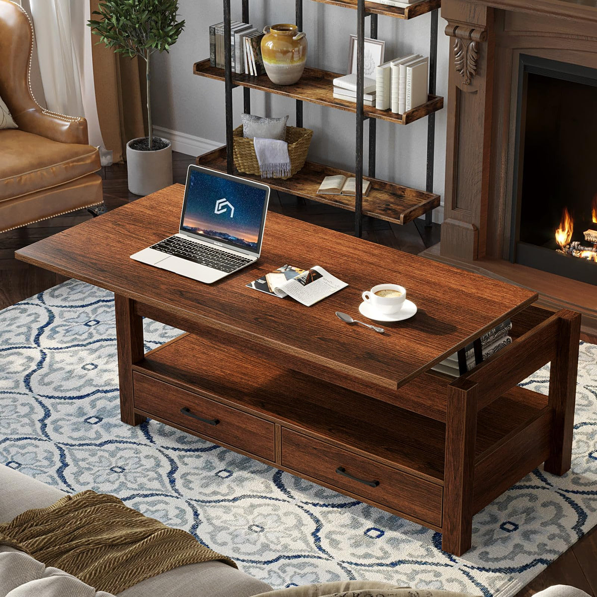 Rolanstar Coffee Table, Lift Top Coffee Table with Drawers and Hidden Compartment, Retro Central Table with Wooden Lift Tabletop, for Living Room,Espresso