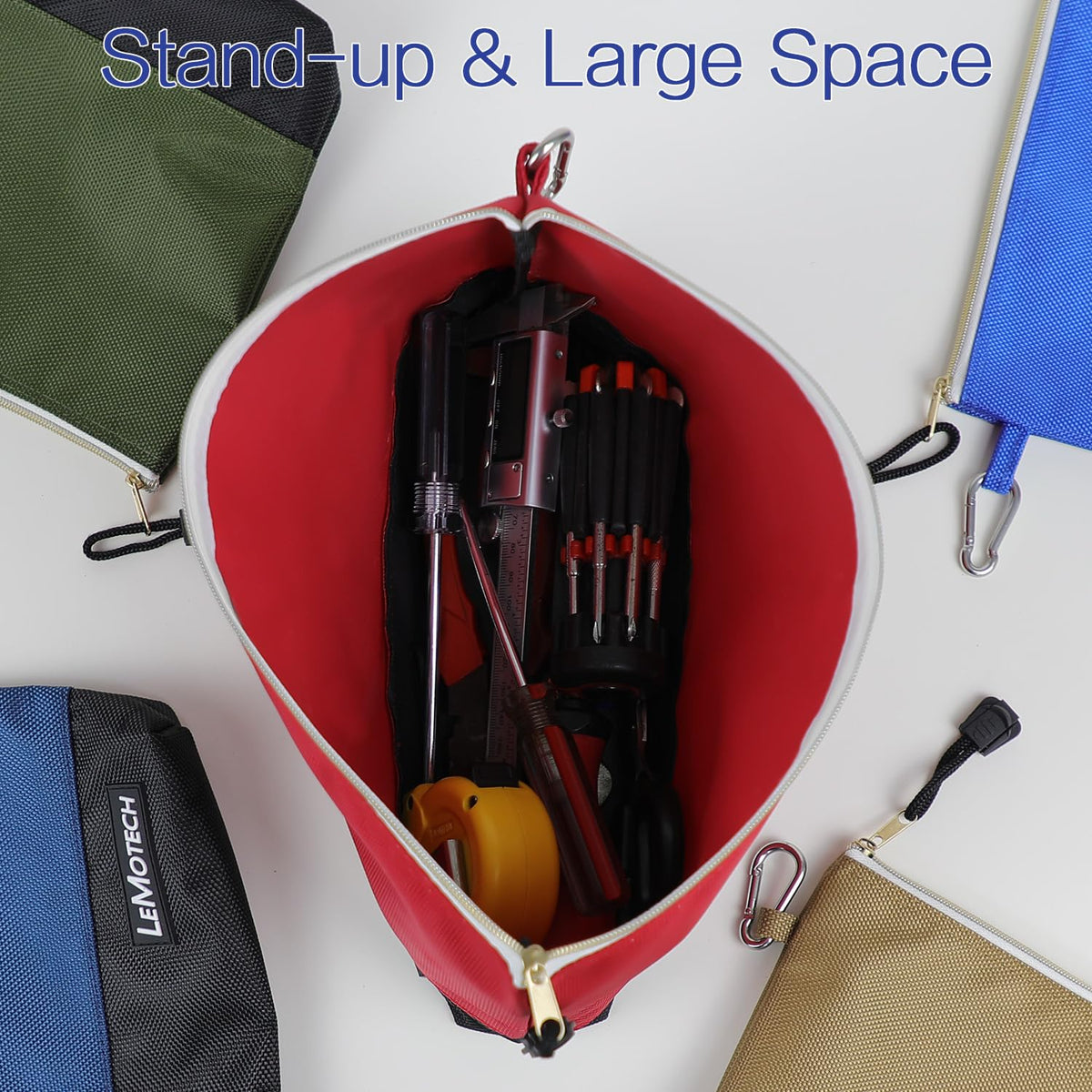 LeMotech Zipper Tool Bag, Stand-Up Tool Pouch with Carabiners,Utility Bag,Water Resistant Storage Bag,12x6.8-Inch Red/Brown/Blue/Olive 4 Pack