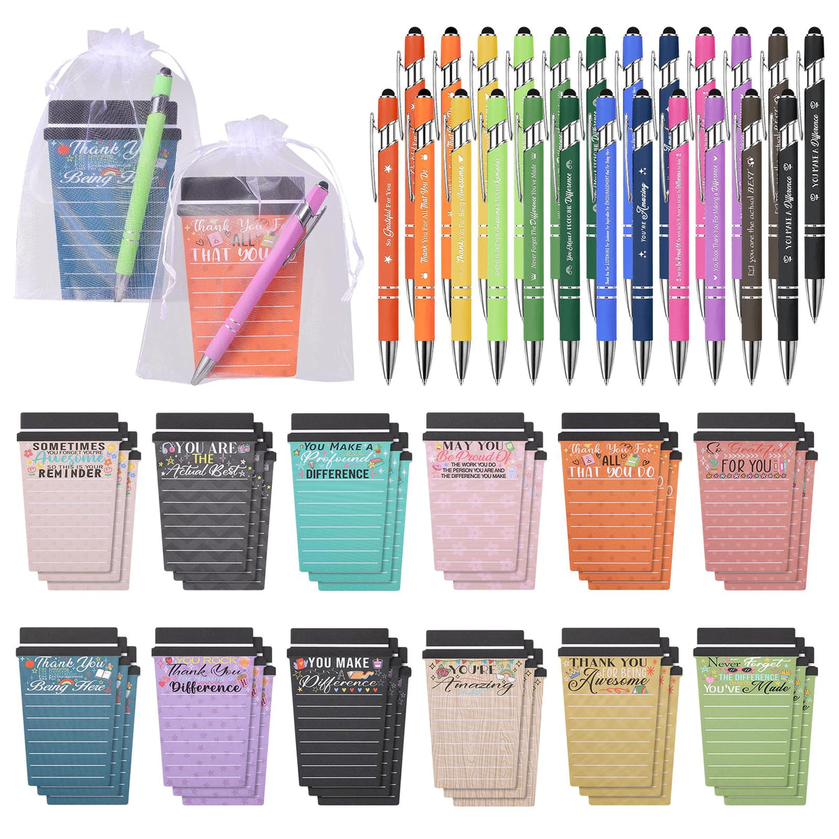 Mkway 36 Set Employee Appreciation Gifts Bulk Team - 36Pack Coffee Cup Notepad+36 Ballpoint Pens+ 36 Drawstring Gift Bags, Bulk Gifts for Coworkers/Staffs/Teachers/Christmas