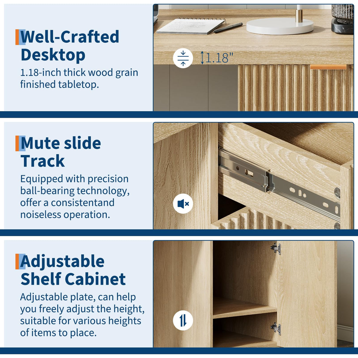 BouPower 60" Fluted Executive Desk with Drawers, Wood Computer Desk with Storage Cabinet, Home Office Desks with Storage for Study Room, Bedroom, Living Room, Natural Oak