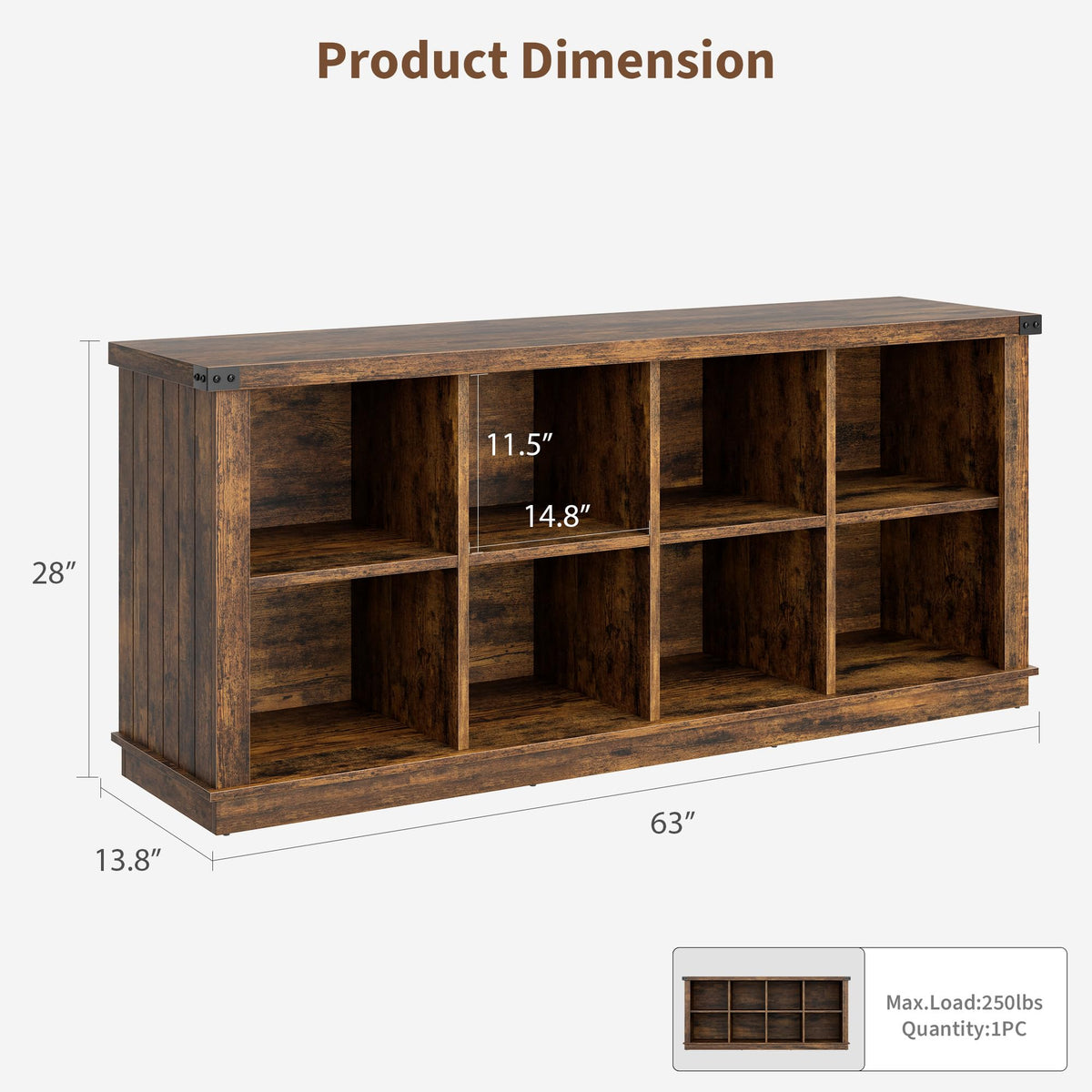 Garvee 8 Cube Book Shelf, Rustic Farmhouse Wood Horizontal Bookshelf, Long Freestanding Bookcase Cabinet, 2-Tier Storage Organizer for Living Room, Entryway, Office, Retro Brown