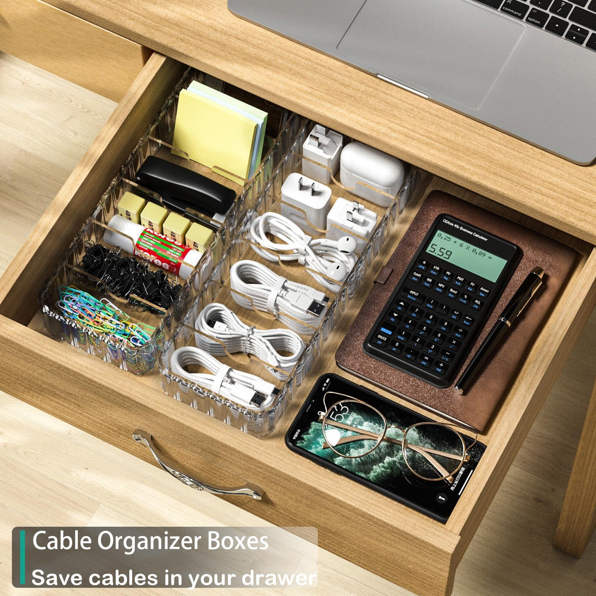 Tamomic Cable Storage Boxes Organizers 2 Pack,Cord Charger Storage Organizer Box Case with 20pcs Cable Ties,Stackable,Clear