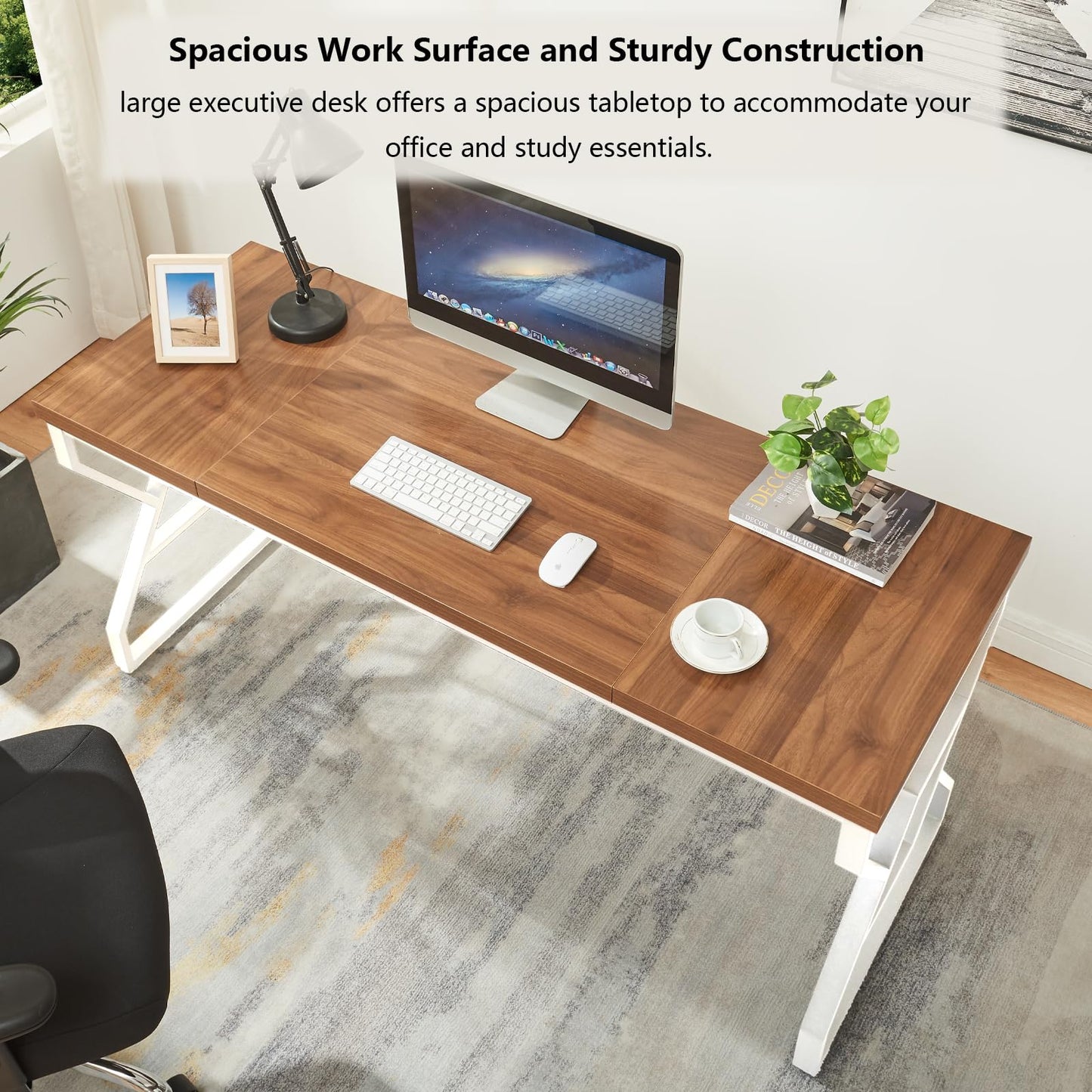 HOMISSUE 63-inch Executive Desk, Large Writing Desk with Engineered Wood Tabletop and Metal Frame, Rustic Home Office Desks with Sturdy Structure, Long Computer Desks for Home Office, Study Room,White