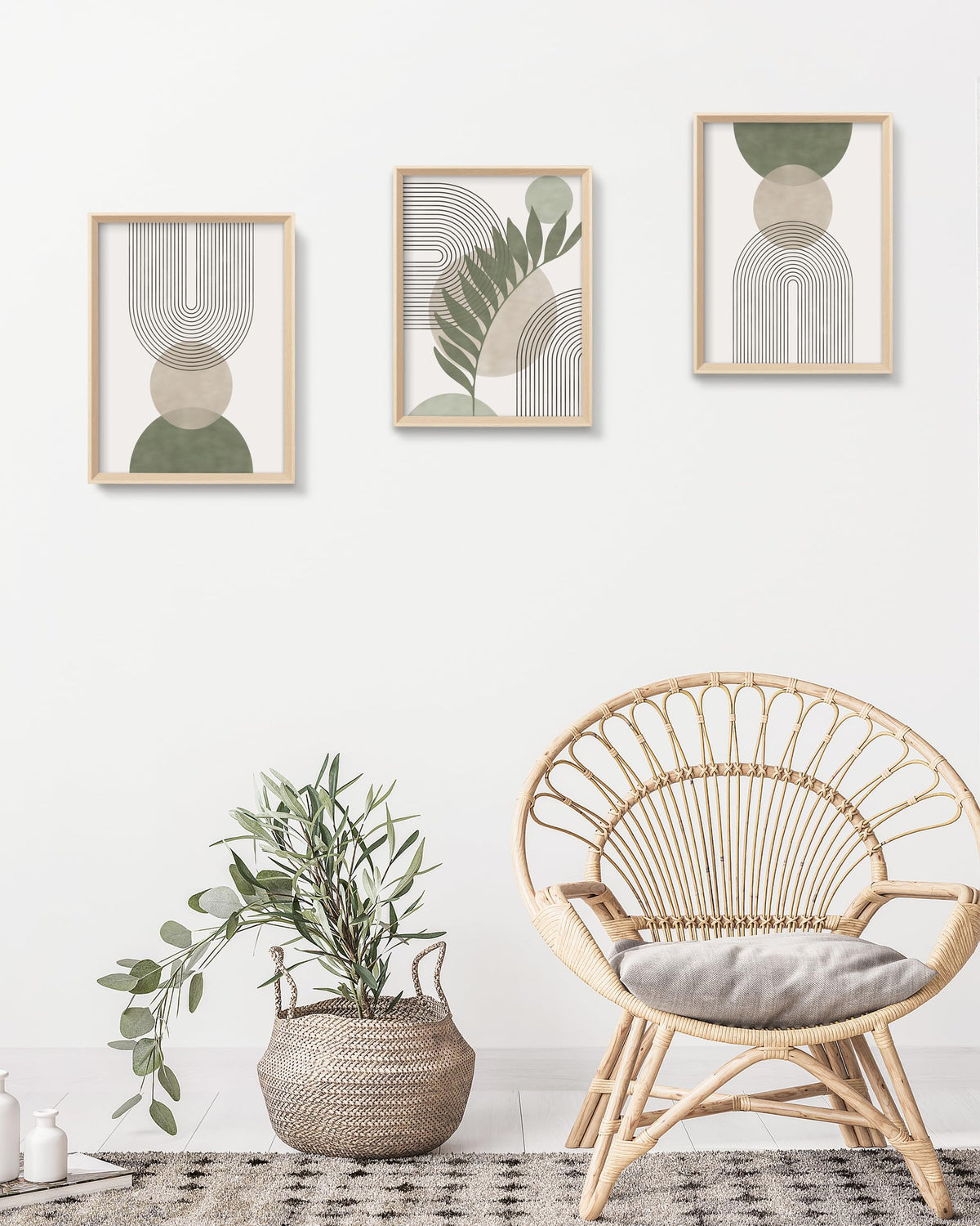 HesenDot Boho Sage Green Framed Wall Art, 12x16in High Framed Design Canvas Prints Wall Decor,Minimalist Abstract Green Poster Home Decoration for Living Room Bedrrom Gallery Office,Set of 3