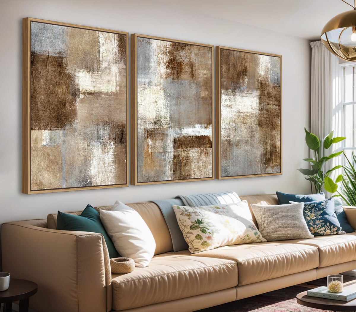 Large Abstract Framed Wall Art - Natural Float Framed Canvas Pictures Wall Art Prints for Living Room Decor Rustic Artwork Brown for Bedroom Kitchen Home Office Decoration 72" X 36" Set of 3