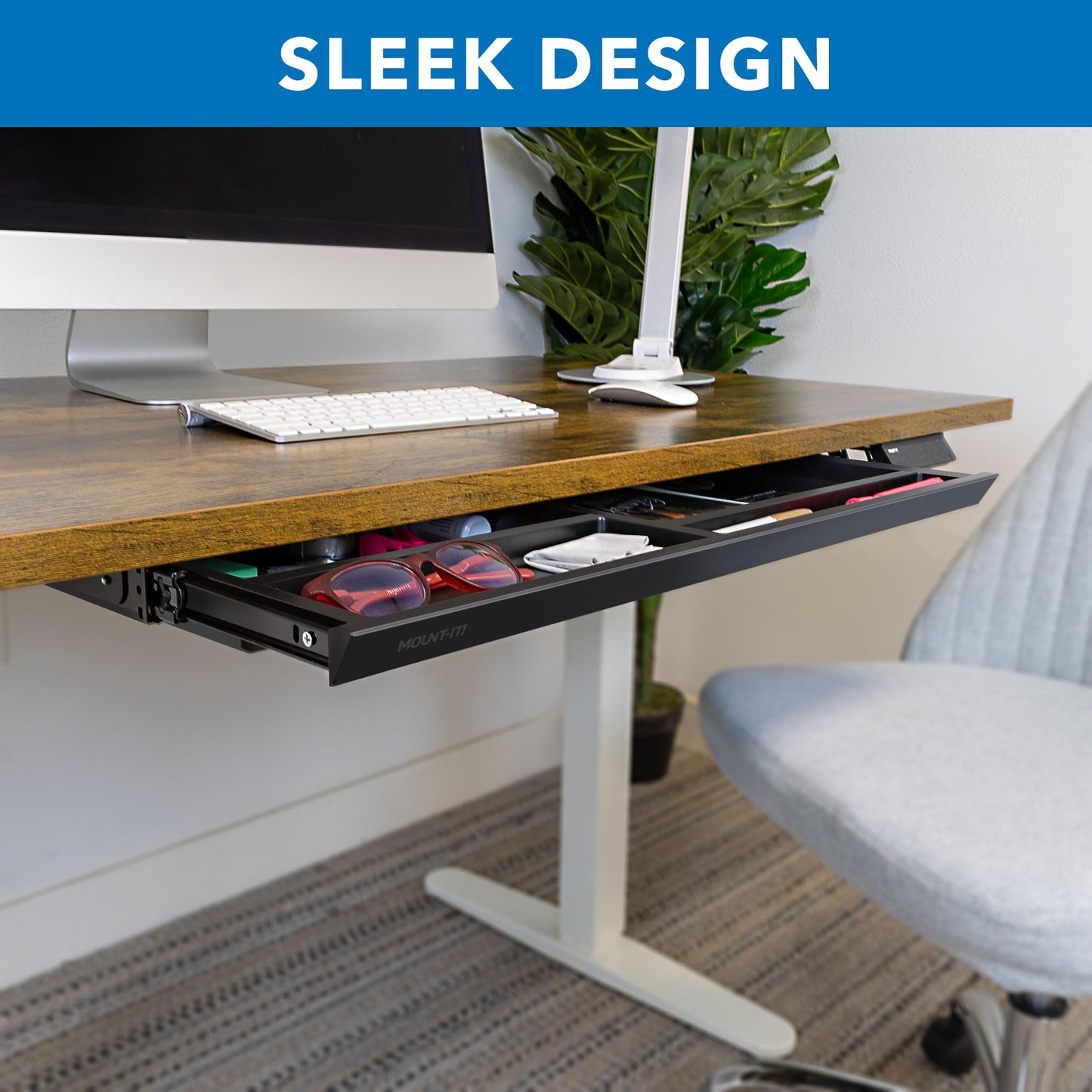 Mount-It! Under Desk Drawer with 4 Compartments, Deep Low-Profile Slide-Out Storage Organizer, 25.8″ x 12.5″ x 1.6″, Smooth Glide Pull-Out Tray for Traditional & Single Motor Standing Desks, Black