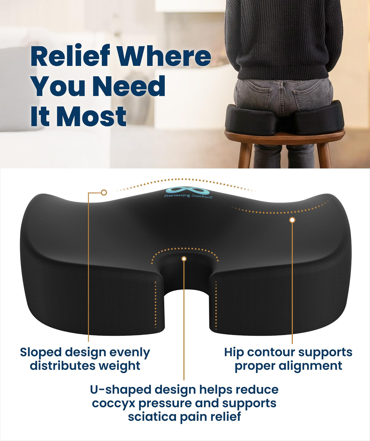 Everlasting Comfort Doctor Recommended Memory Foam Seat Cushion for Office Chairs & Car - Ergonomic Office Desk Accessories - Cushions for Tailbone Pain Relief, Sciatica (Black, XX-Large)