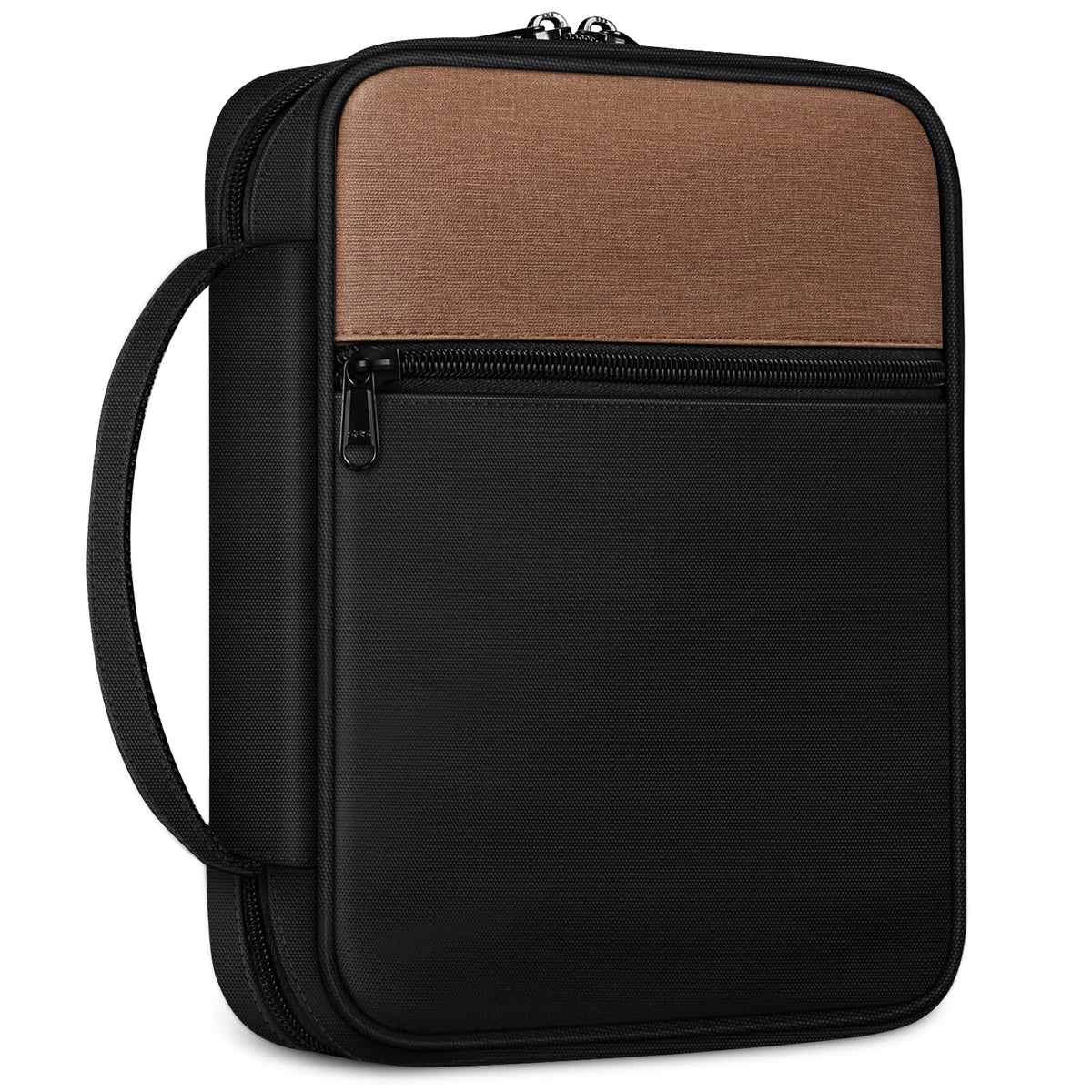 FINPAC Bible Cover, Carrying Book Case Church Bag Bible Protective with Handle and Zippered Pocket, Gift for Mother Lady Women Men, Black & Brown