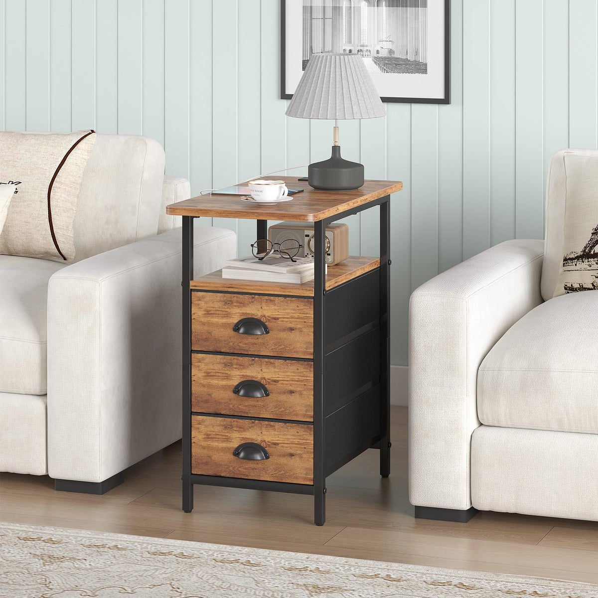 sthmec End Table with Charging Station, Side Tables Livingroom with USB Ports and Outlets,Narrow Nightstands Bedside Tables with 3 Drawers for Small Space,Slim Sofa Table Bedroom,Rustic Brown