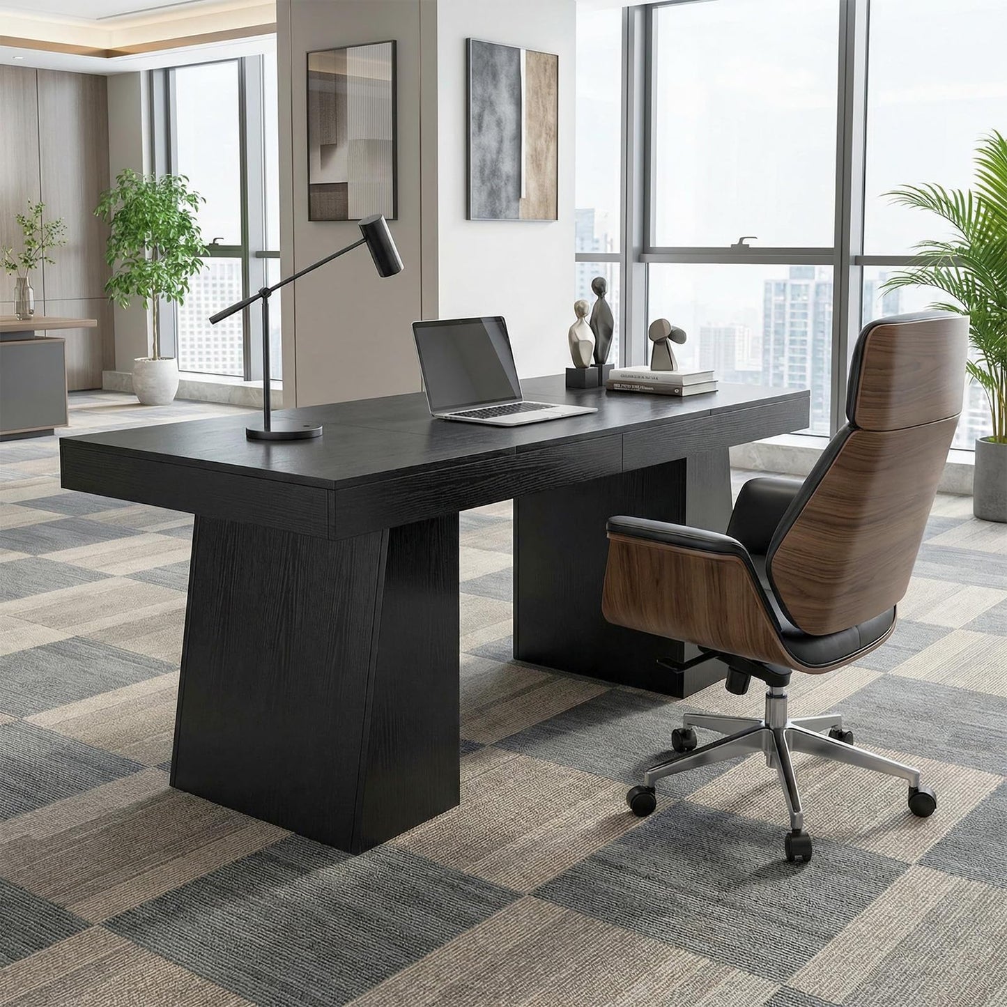 Garvee 55" Executive Desk, Mid-Century Modern Home Office Desks with Double Trapezoid Base, Wood Computer Desk Business Furniture Workstation Writing Table Conference Table, Black